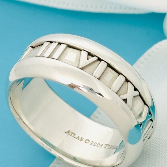 Size 5 Tiffany Wide Atlas Roman Numerals Mens Unisex Ring in Sterling Silver